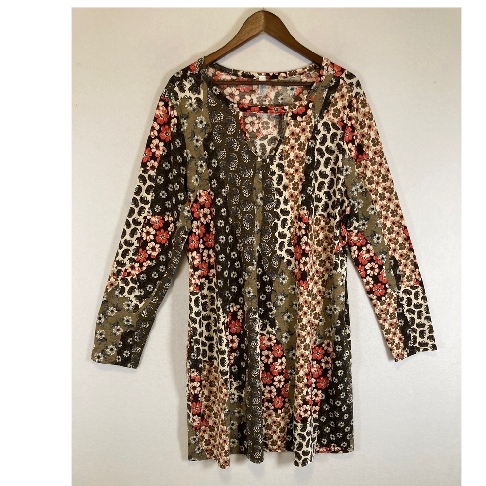 Boho PaisleyGrace Womens XXXL Brown Floral Patchwork Keyhole Long‎ Sleeve Tunic
